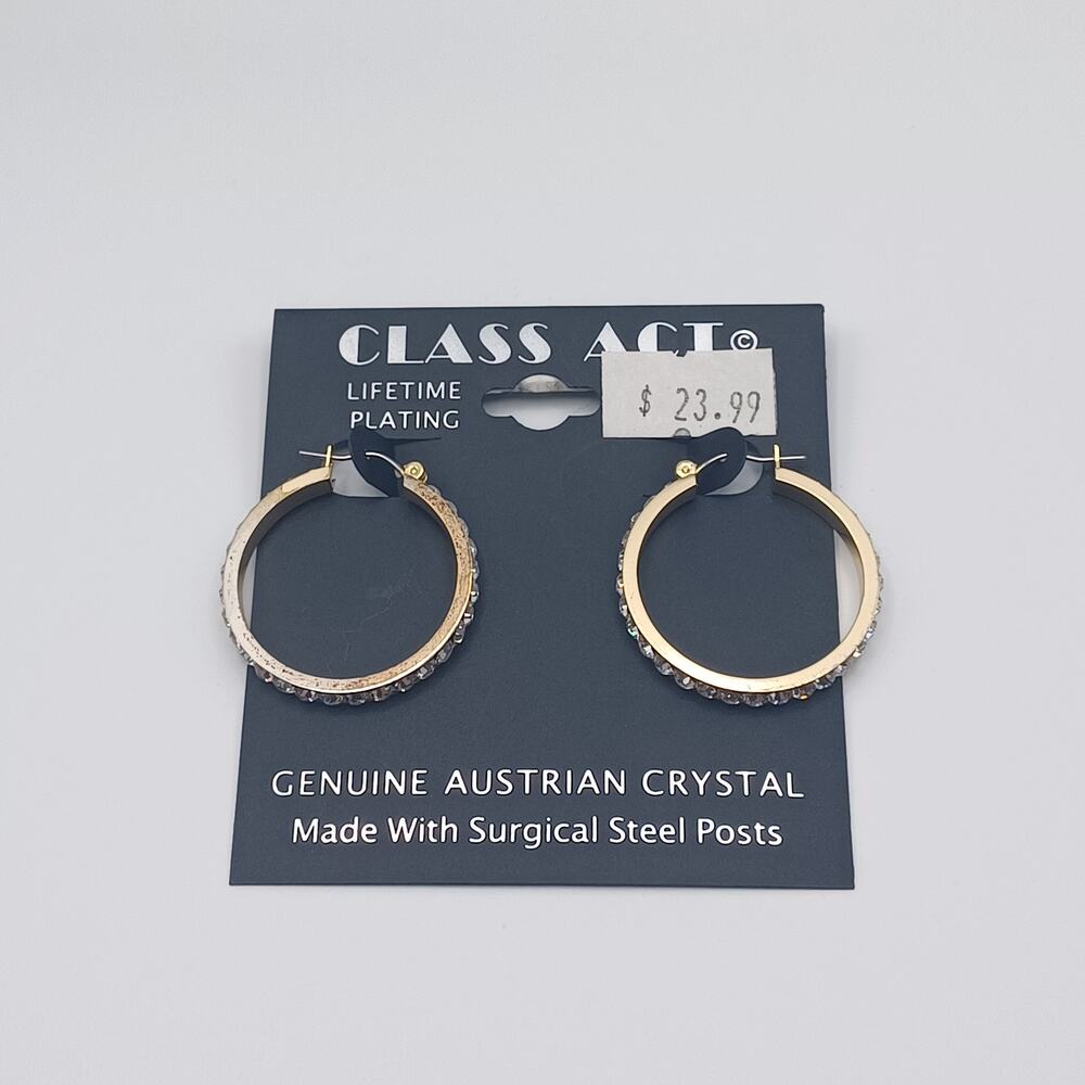 Class Act Gold Tone Hoop Earrings Austrian Crystal Surgical Steel Posts